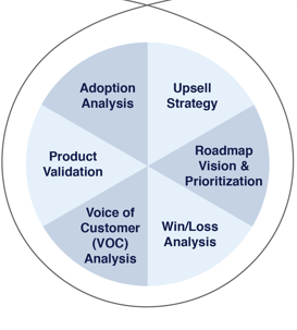 The accelerator section of the GTM process by Fluvio. It's sectioned into adoption analysis, upsell strategy, roadmap vision and prioritisation, win/loss analysis, voice of customer analysis, and product validation.